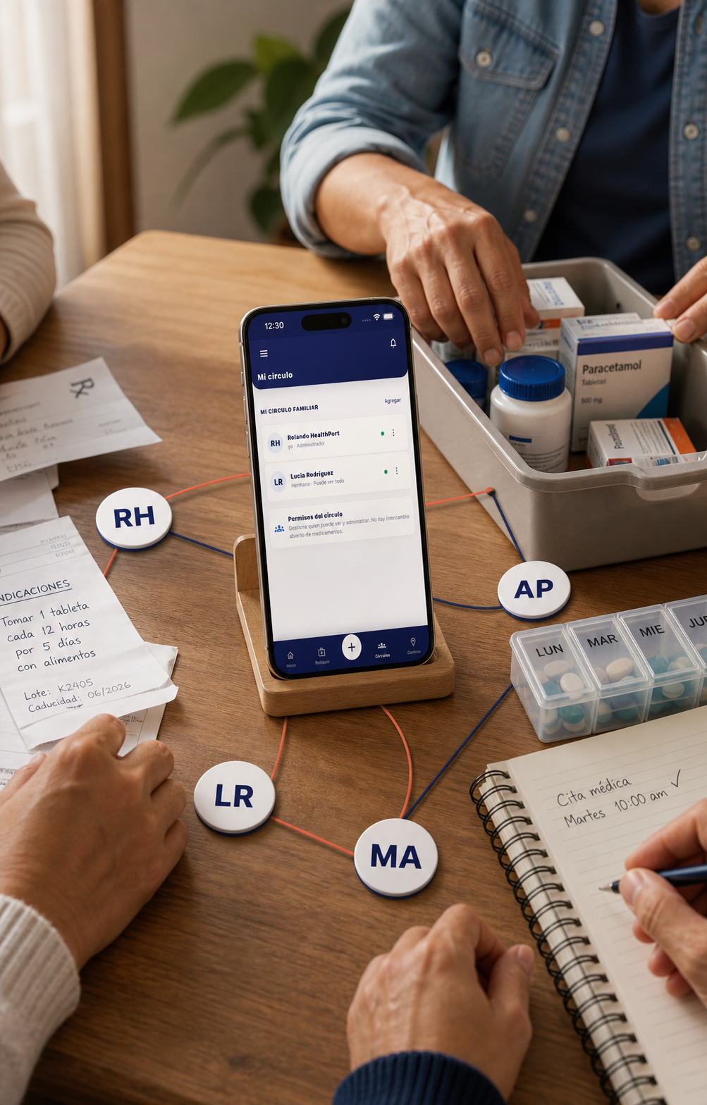 Familia coordinando el botiquín con el círculo de confianza de HealthPort