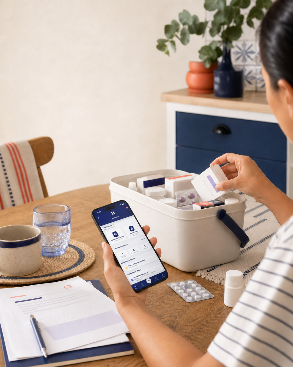 Persona organizando un botiquín familiar con HealthPort en el celular